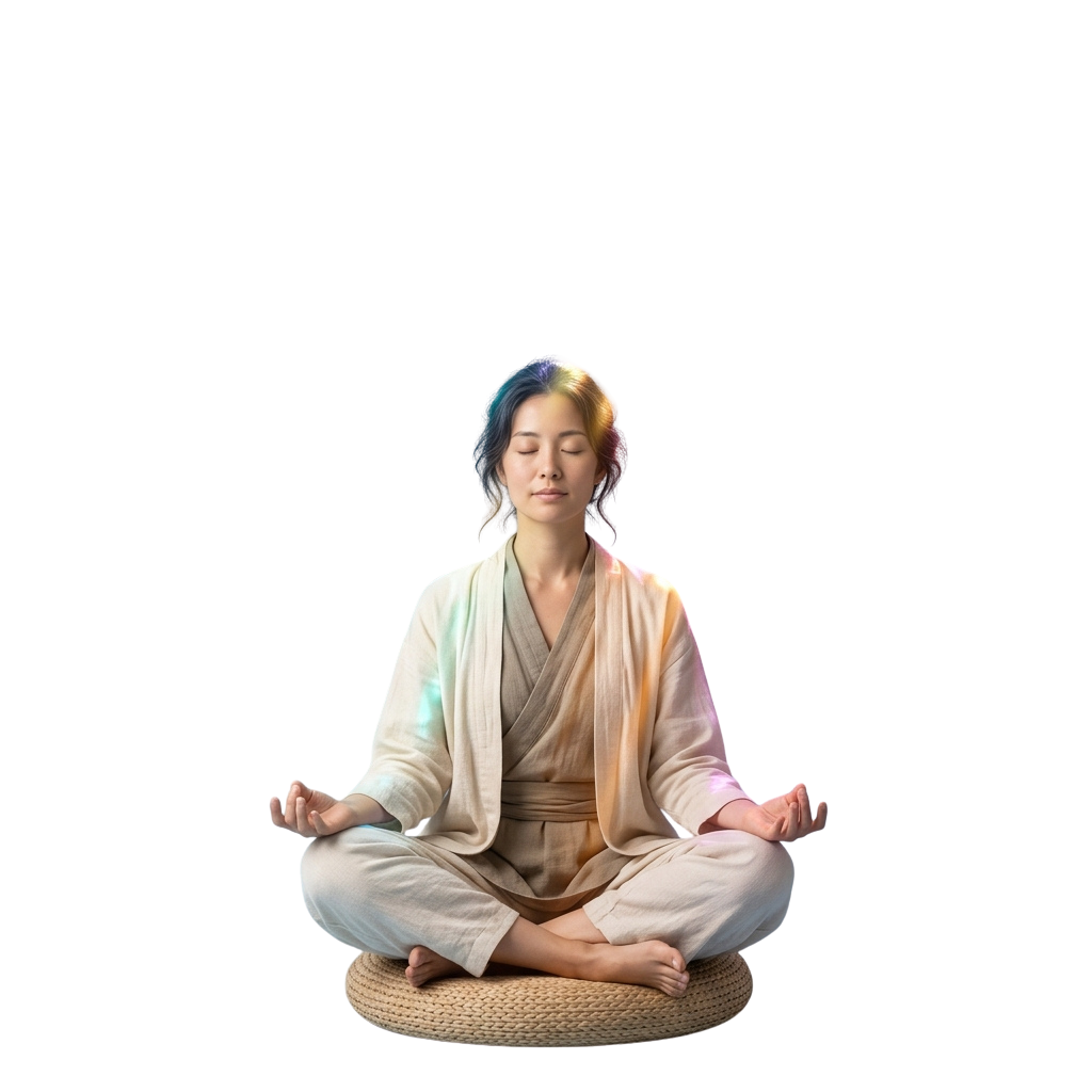 A person sitting cross-legged in meditation with eyes closed, wearing white robes and a belt, on a woven cushion.
