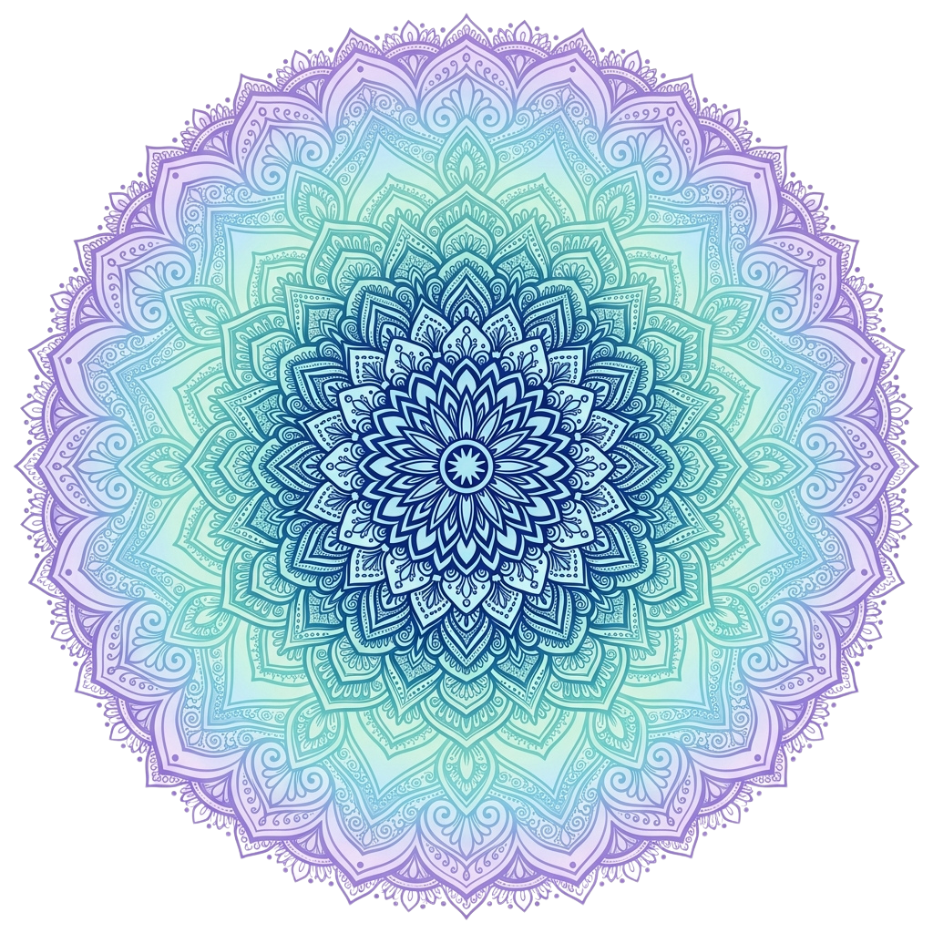 A detailed mandala design featuring gradient colors of blue, purple, and teal with symmetrical floral patterns.