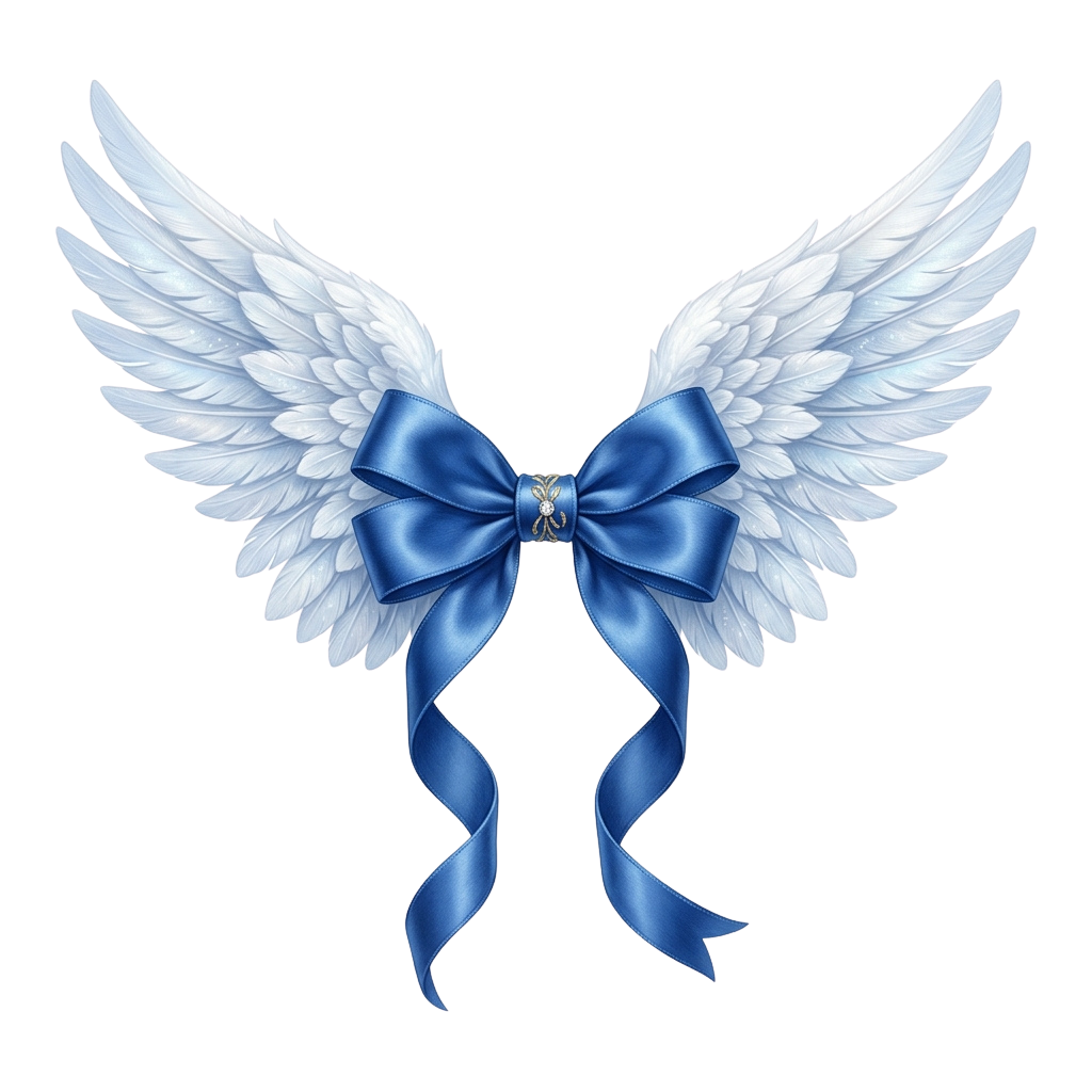 A pair of white angel wings with a large blue velvet bow tied in the center