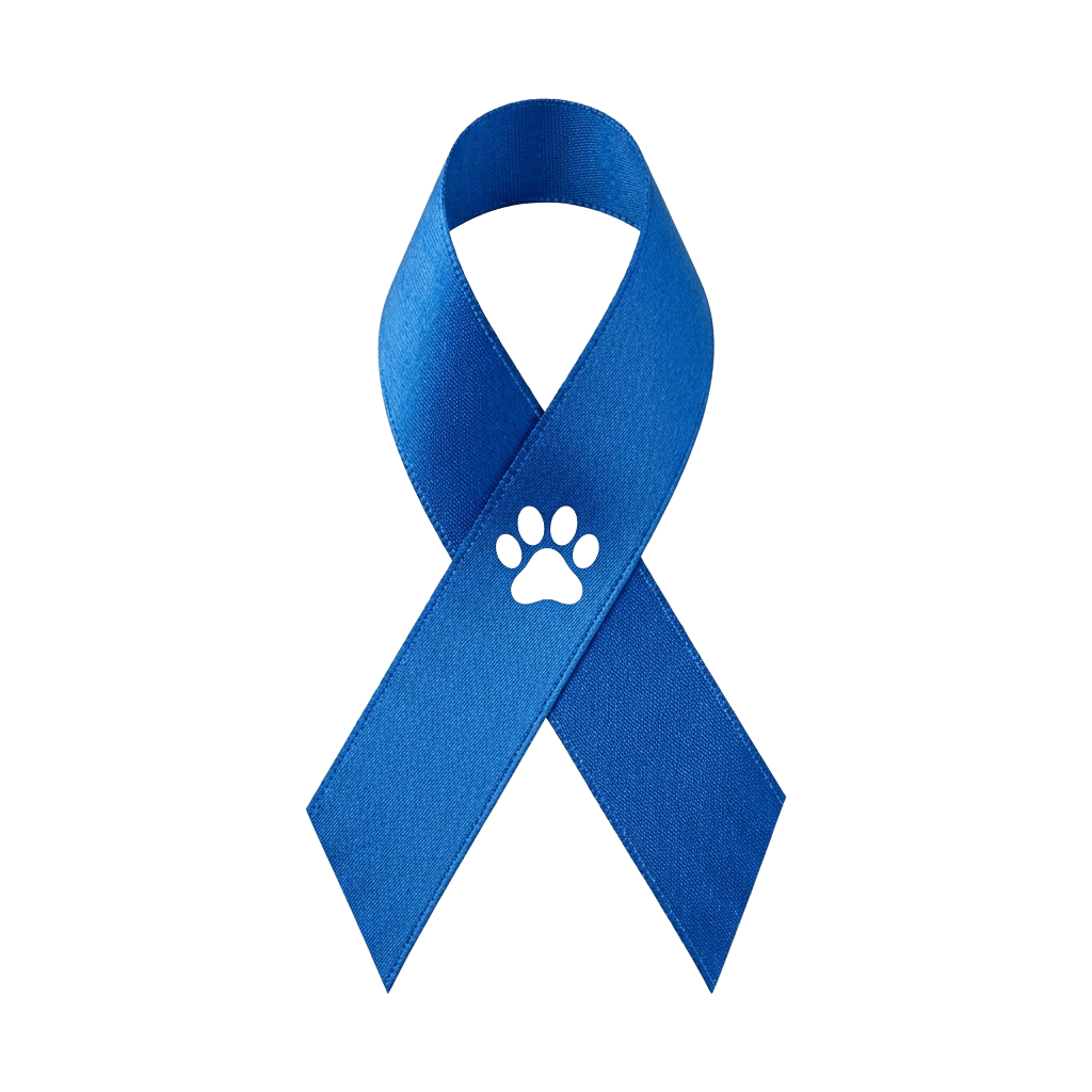 Blue ribbon with a black paw print symbol on it