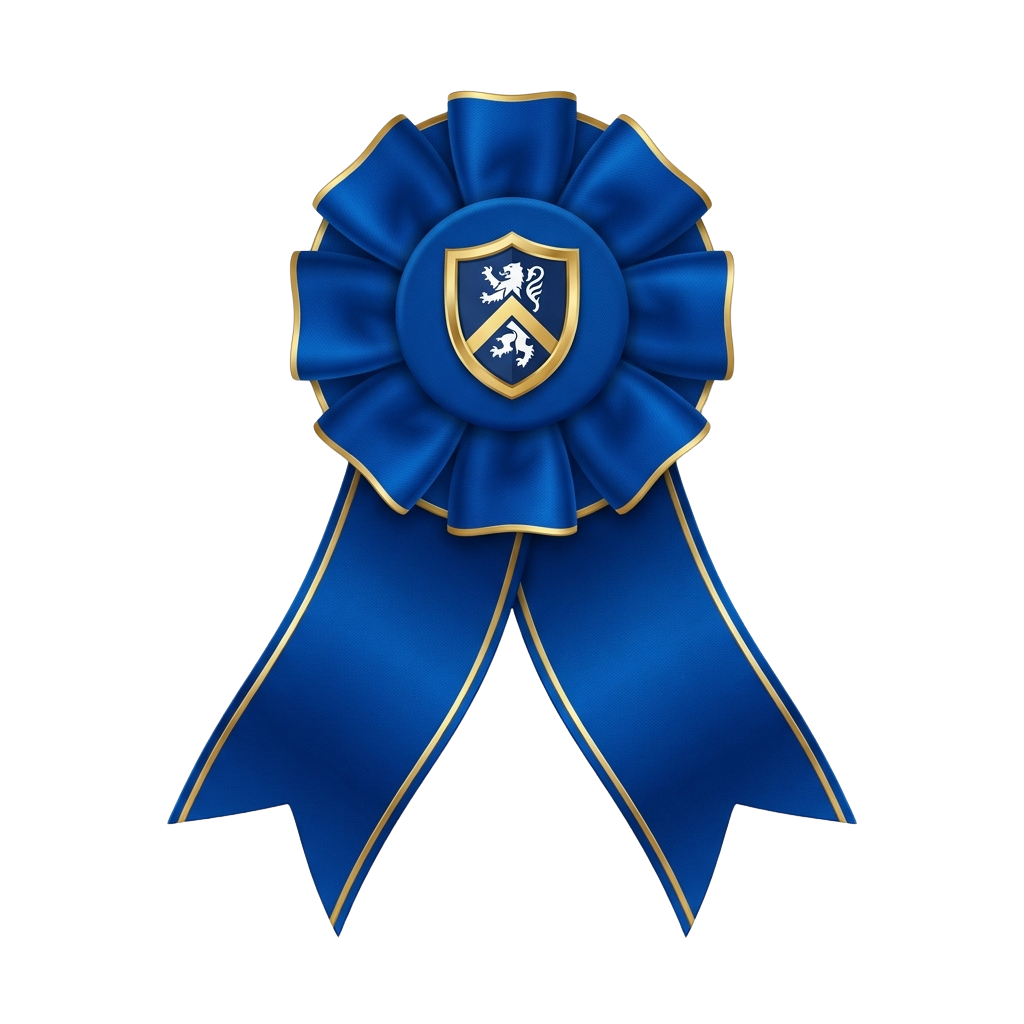 Award ribbon in blue with gold trim and a central shield emblem featuring two lions and a crest
