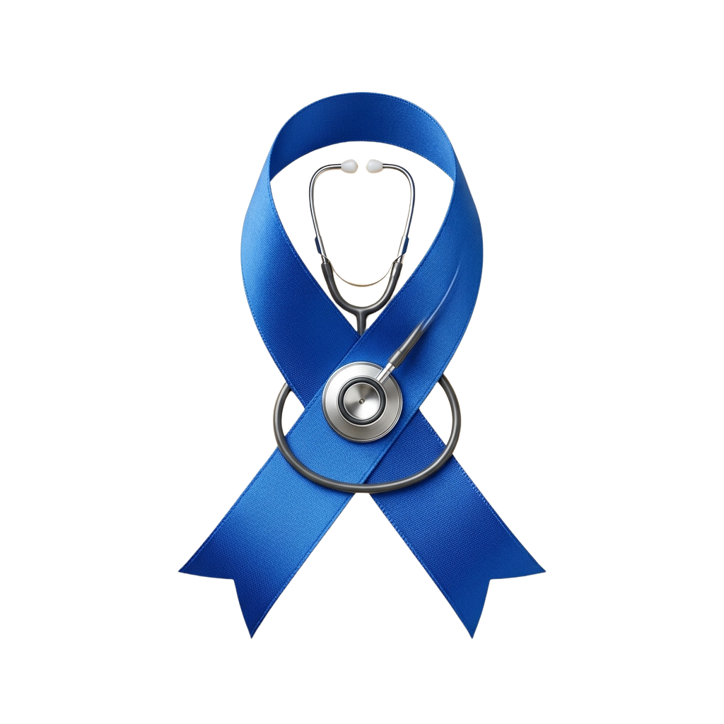 Blue awareness ribbon with a stethoscope symbol in the center