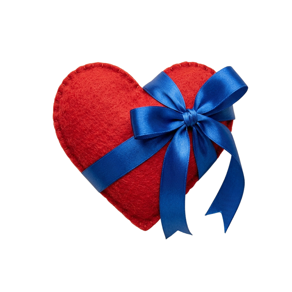 A red heart-shaped gift box tied with a blue satin ribbon bow