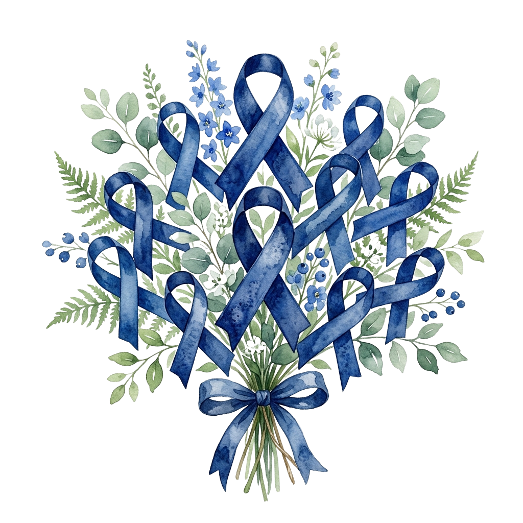 A decorative arrangement of blue ribbons intertwined with green foliage and flowers on a black background