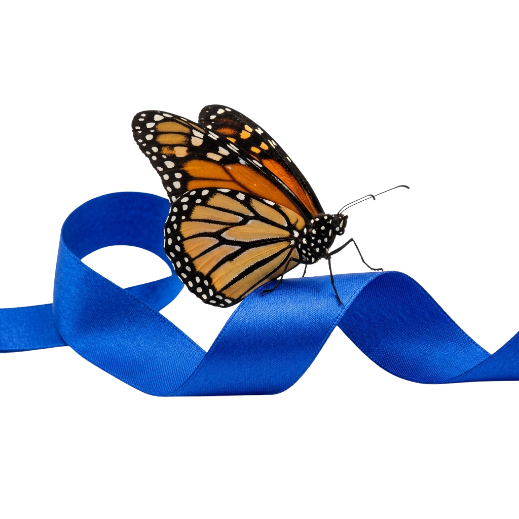 A Monarch butterfly perched on a blue ribbon against a dark background