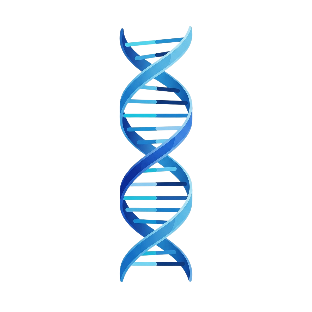 A 3D illustration of a blue DNA double helix structure against a black background