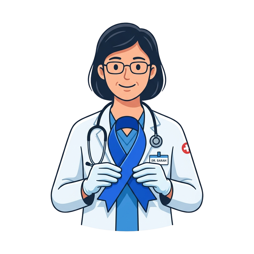 A smiling doctor in a white coat holding a blue awareness ribbon and a stethoscope around their neck