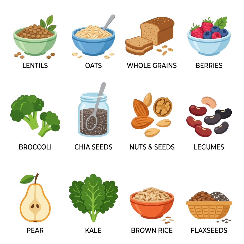 Illustrations of healthy foods including lentils, oats, whole grains, berries, broccoli, chia seeds, nuts, legumes, pear, kale, brown rice, and flaxseeds