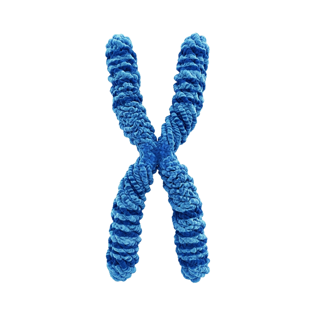 A blue 3D rendering of an X-shaped chromosome with condensed segments