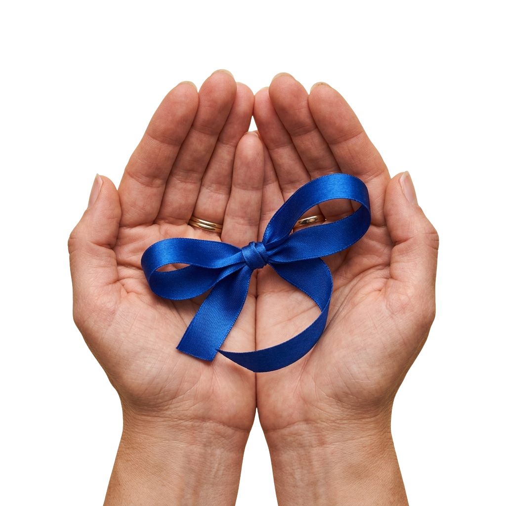 Two hands holding a blue ribbon tied around two rings
