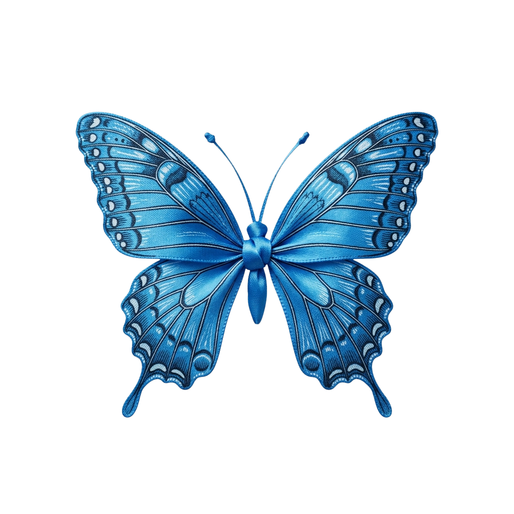 A detailed blue butterfly with intricate patterns on its wings, displayed against a black background