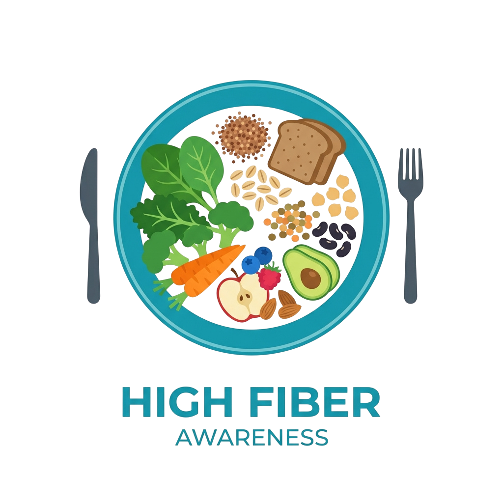 Plate of high fiber foods including broccoli, carrots, apple, nuts, avocado, and whole grains with cutlery.