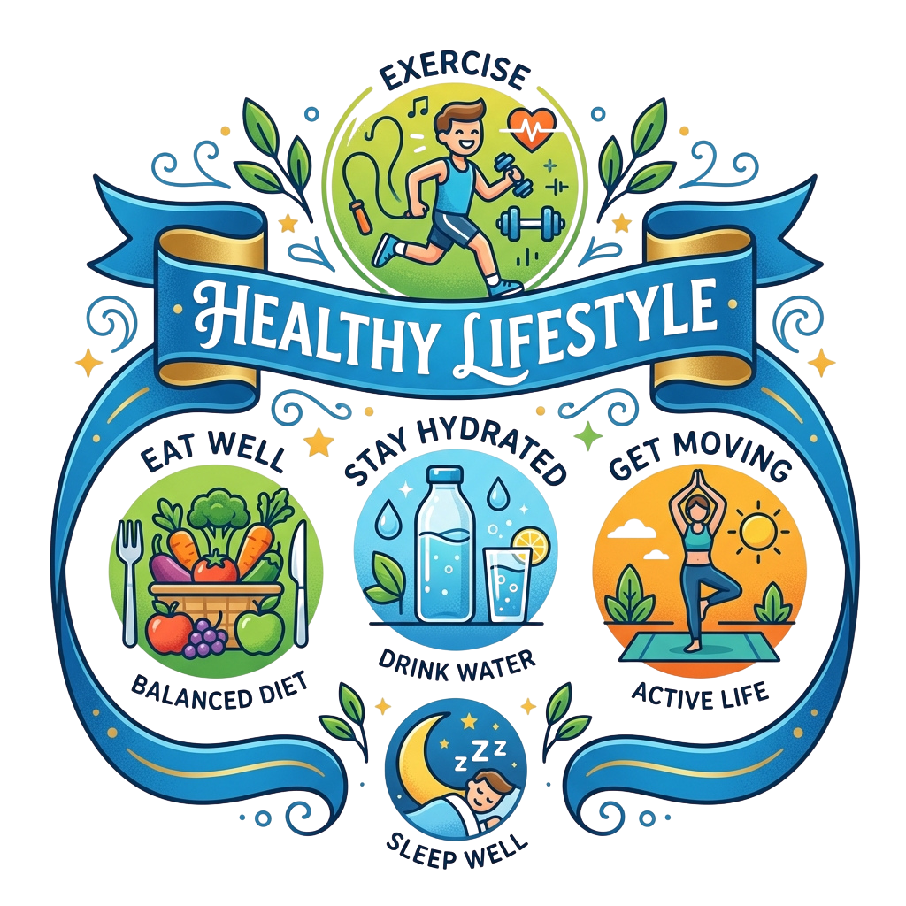 Illustration showing healthy lifestyle habits including exercise, balanced diet, hydration, movement, and sleep.