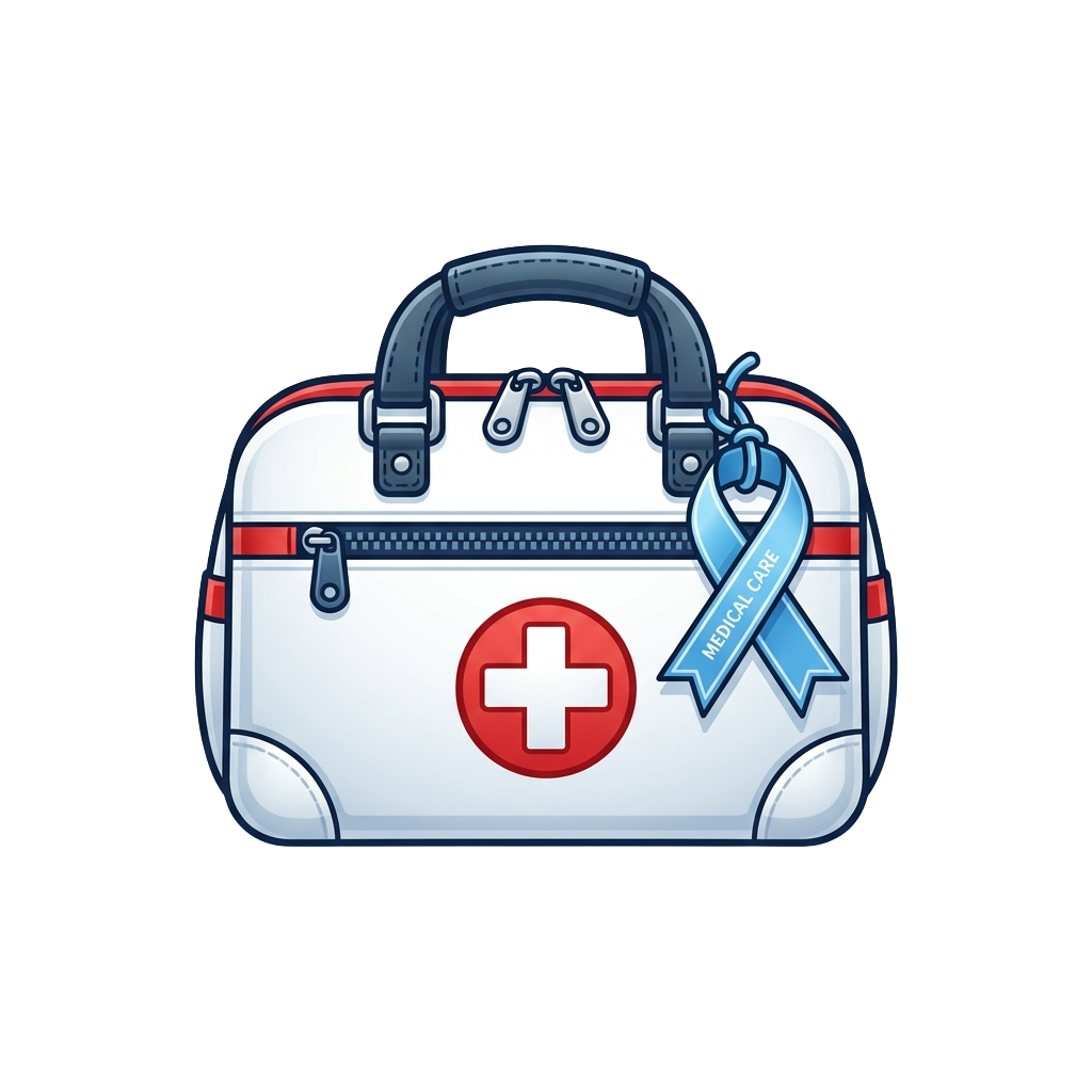 A white medical bag with a red cross emblem and a blue ribbon labeled Medical Care attached.