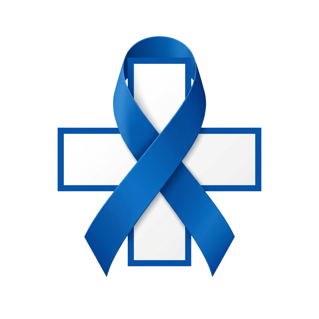 A blue ribbon awareness symbol with white edges displayed prominently against a black background