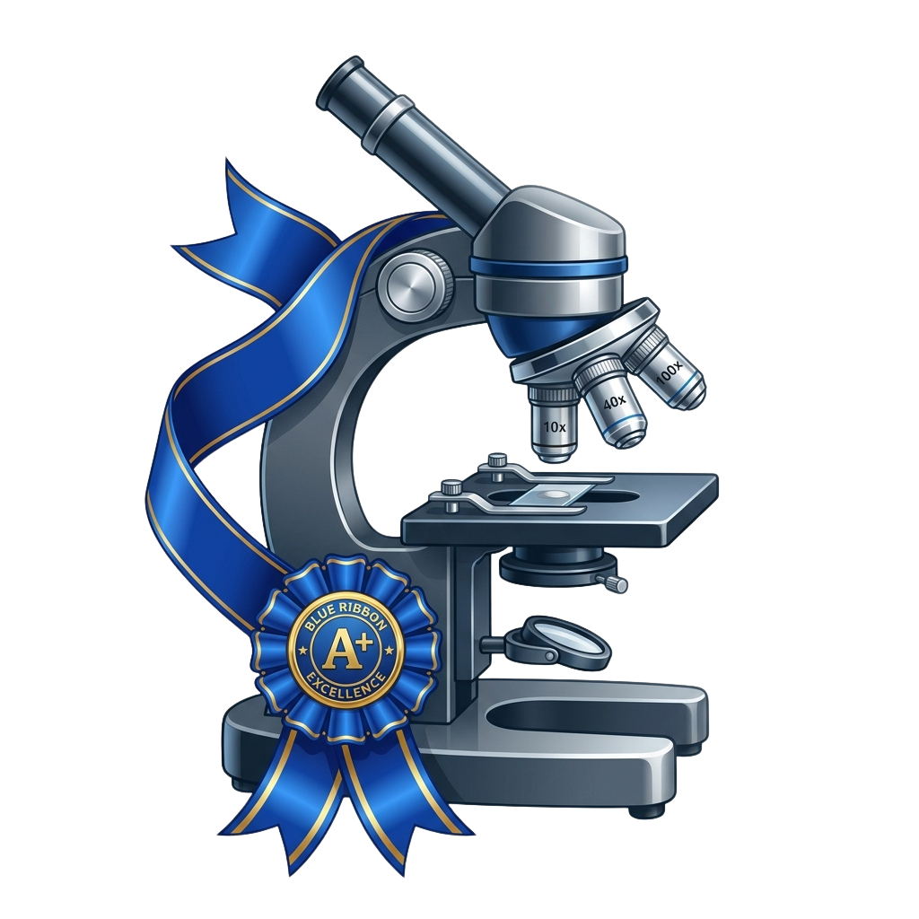 A microscope with a blue ribbon and A+ excellence badge attached, symbolizing quality and achievement