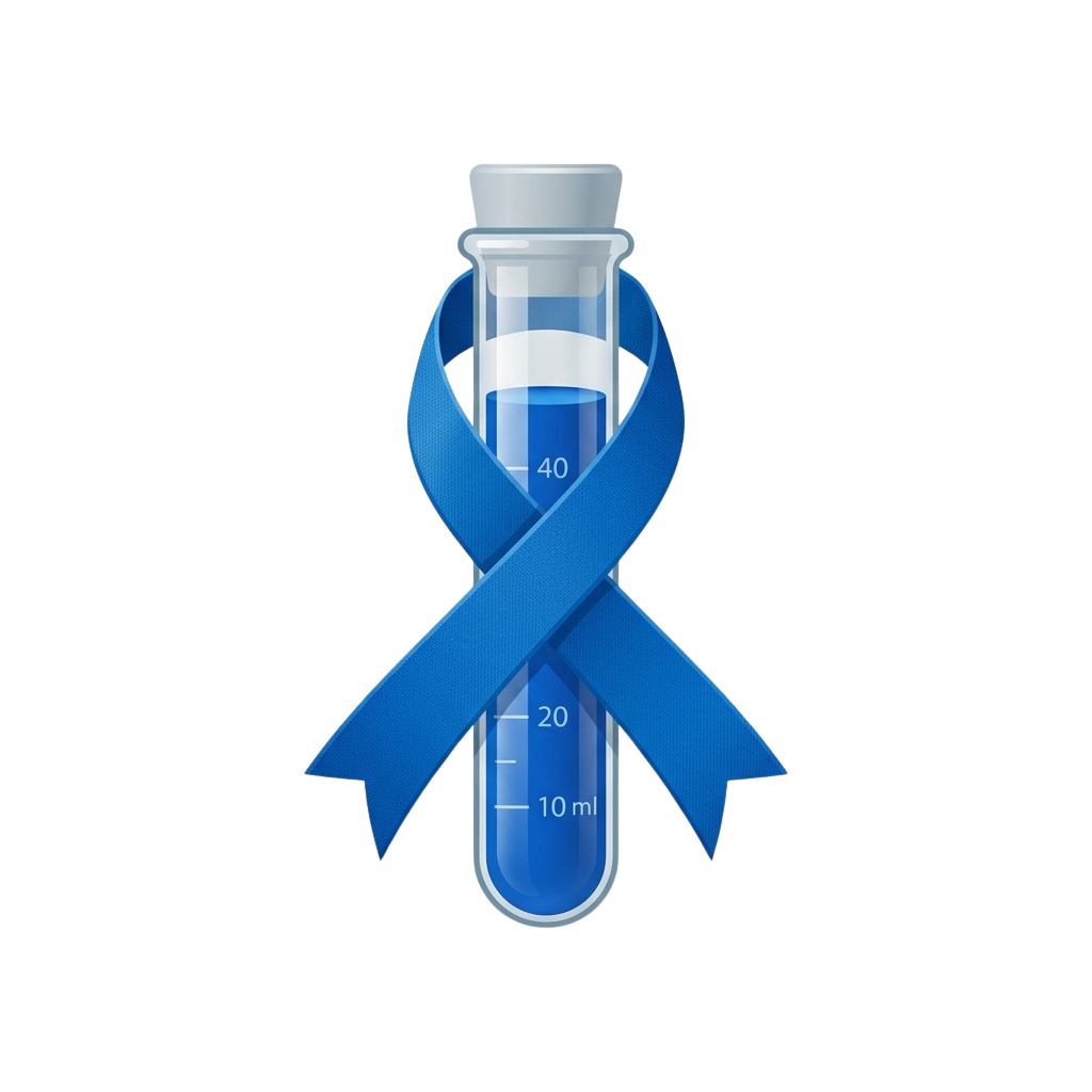 A test tube with a blue awareness ribbon wrapped around it against a black background