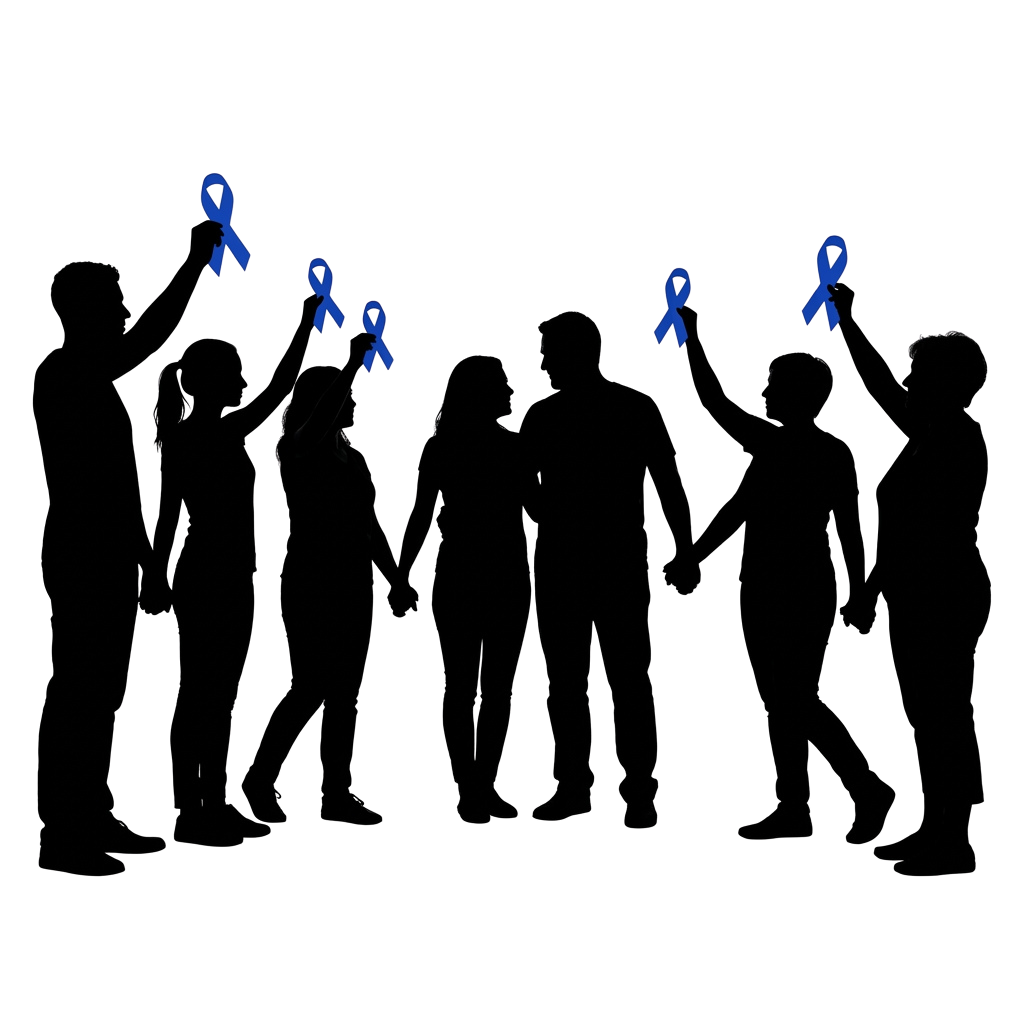 Five blue awareness ribbons displayed on a dark background.