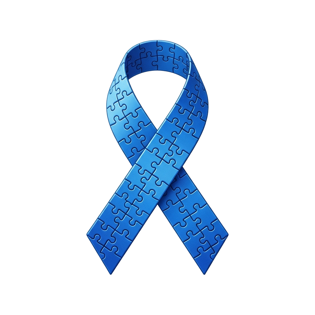 A blue ribbon shaped like an awareness symbol, composed of interlocking puzzle pieces.