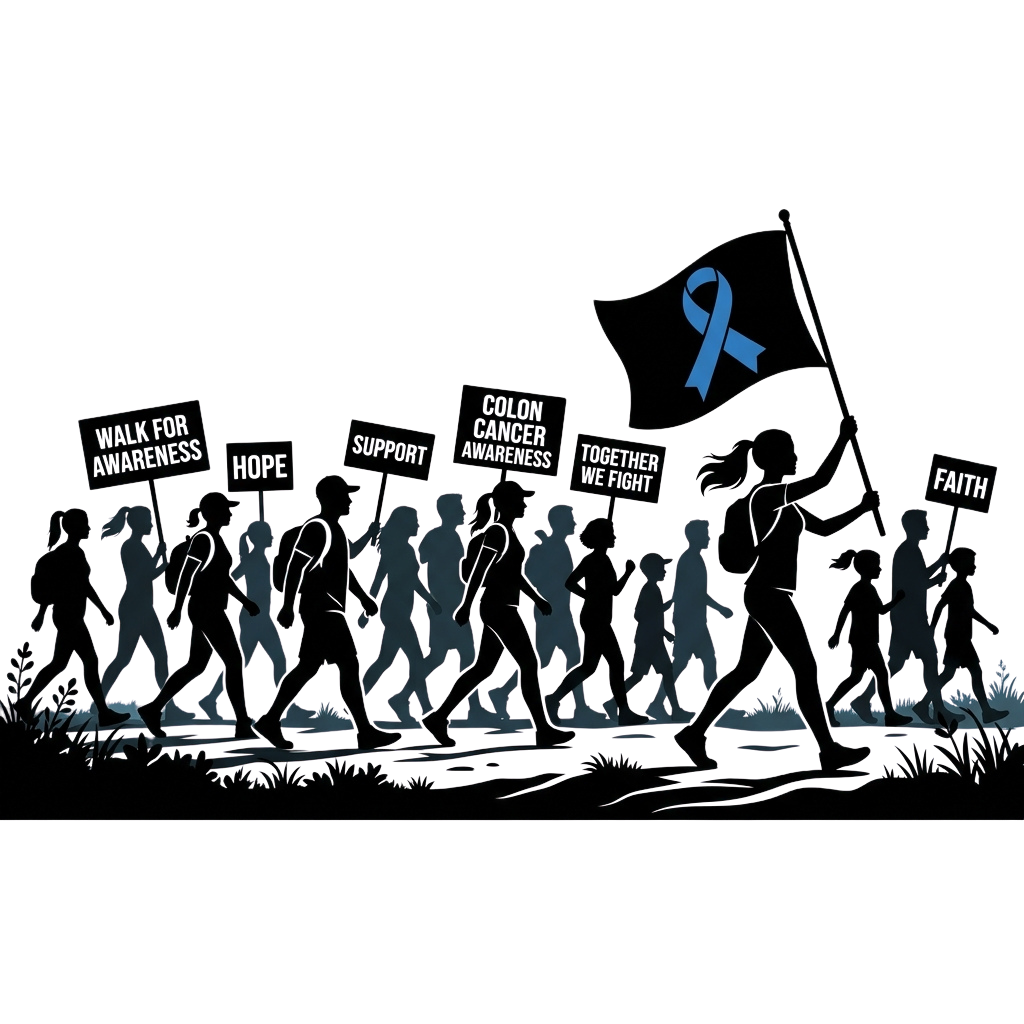 Group of people walking silhouetted with a blue awareness ribbon above them