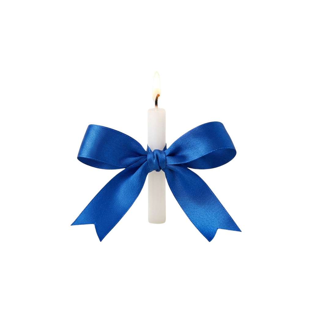 A white candle tied with a blue satin ribbon bow against a black background