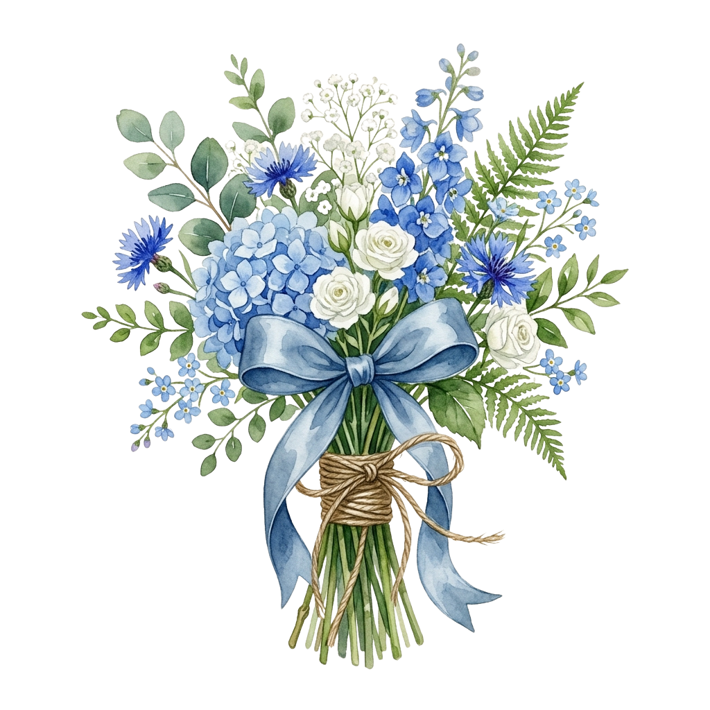 A beautifully arranged bouquet of blue hydrangeas, white roses, cornflowers, and greenery tied with a blue ribbon and twine.