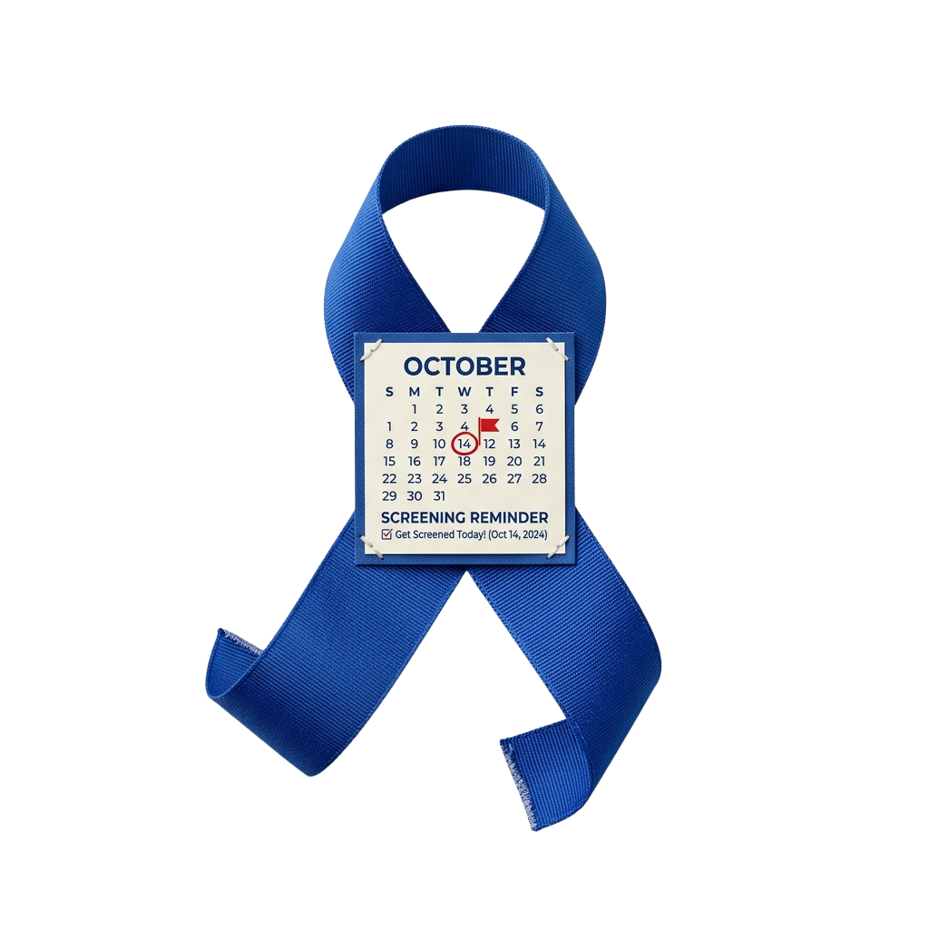 Blue breast cancer awareness ribbon with a calendar marking October 14 for screening reminder