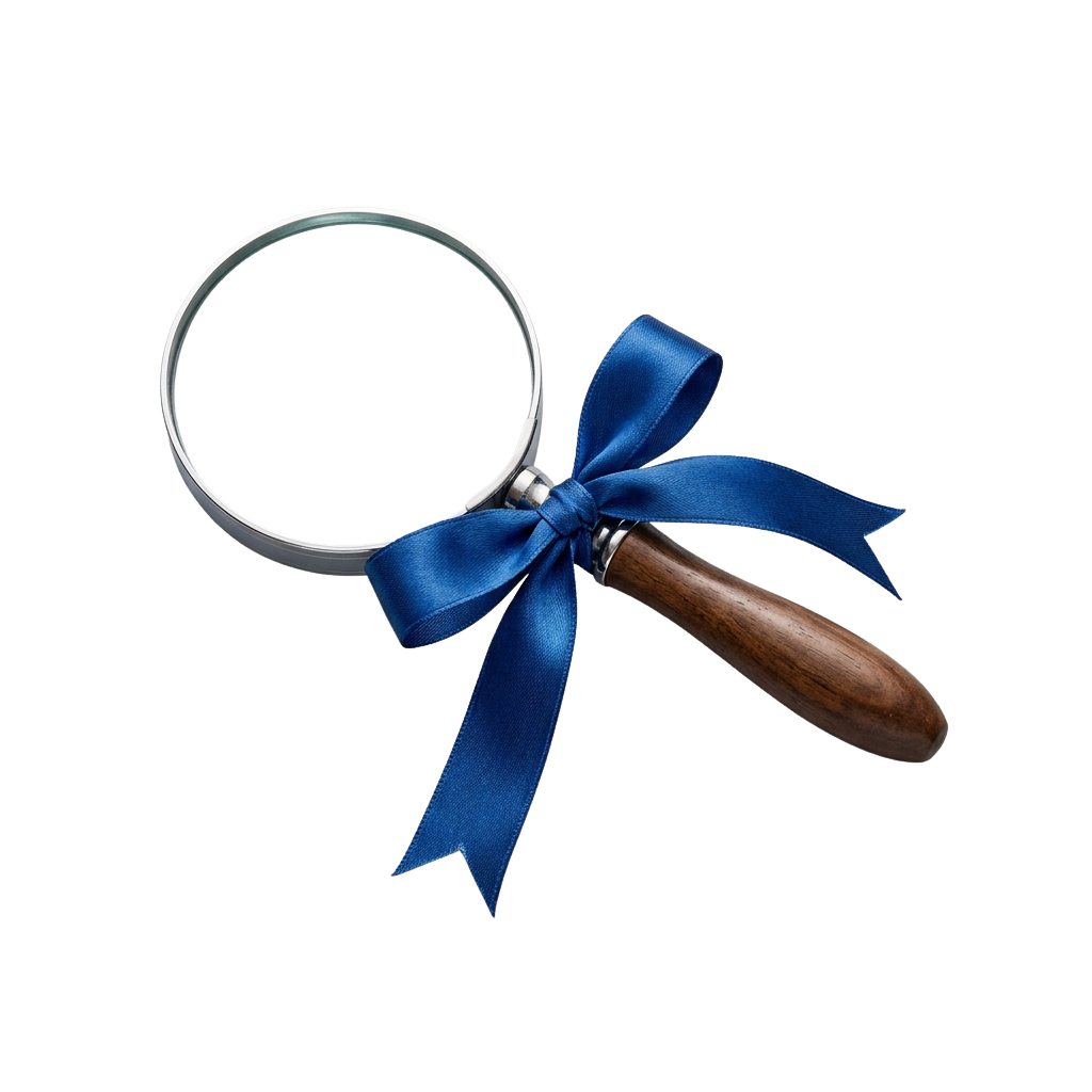A magnifying glass with a wooden handle and a large blue satin ribbon tied in a decorative bow