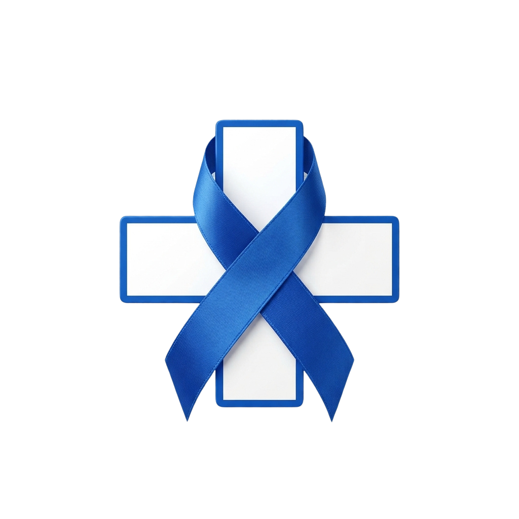 A blue ribbon tied in a bow shape forming a cross with white rectangular sections at each end