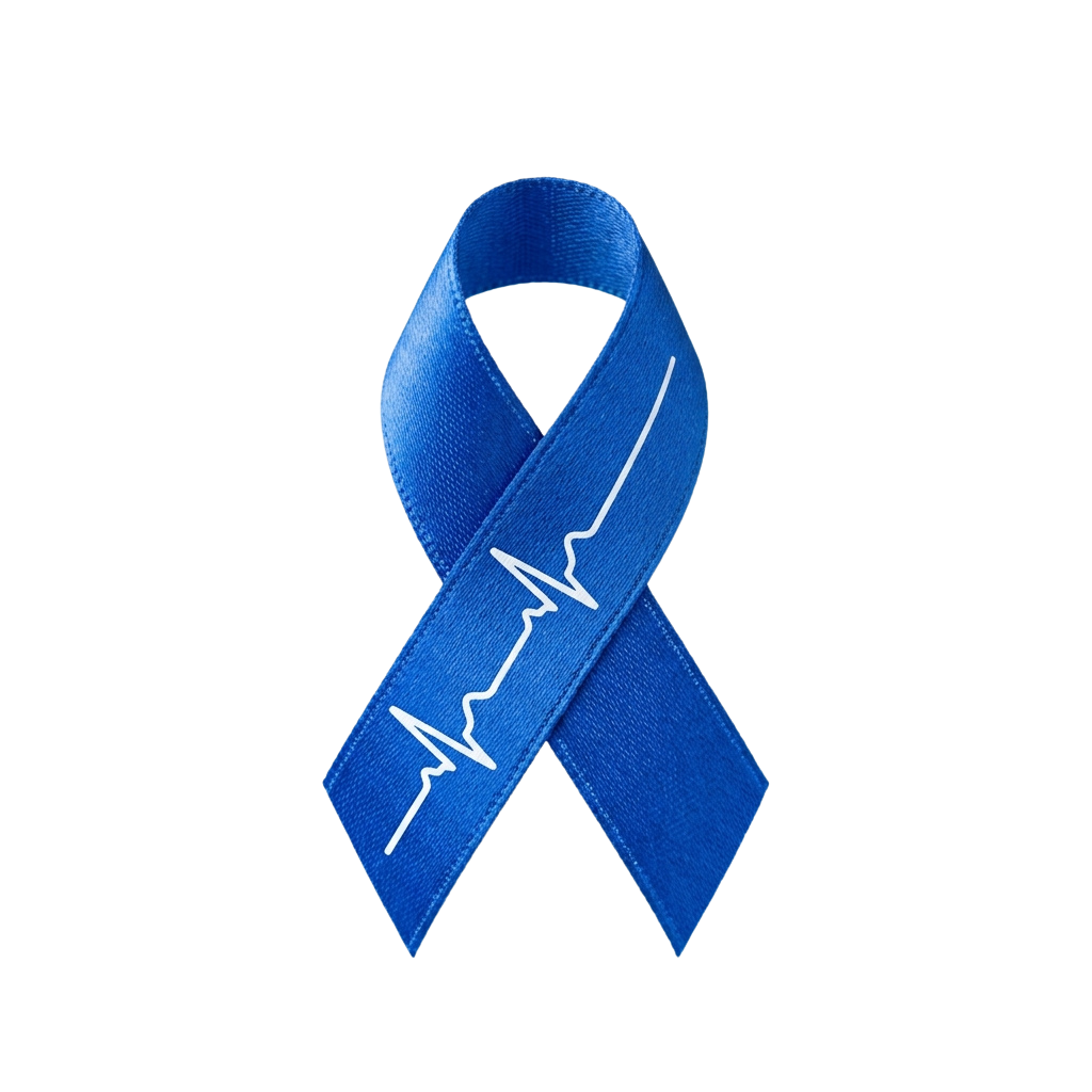 Blue ribbon with white heartbeat ECG line symbol
