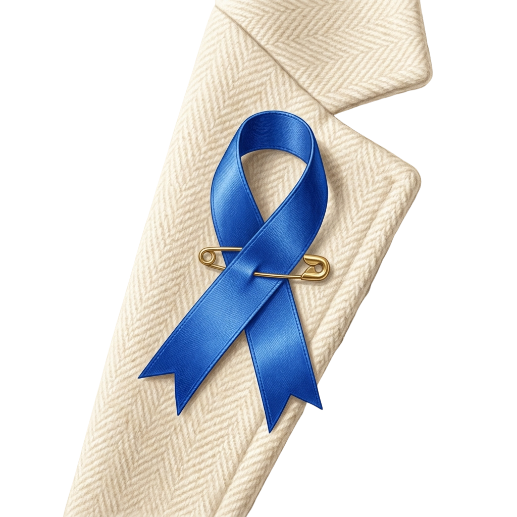 A blue awareness ribbon pinned to a light-colored fabric sleeve with two safety pins