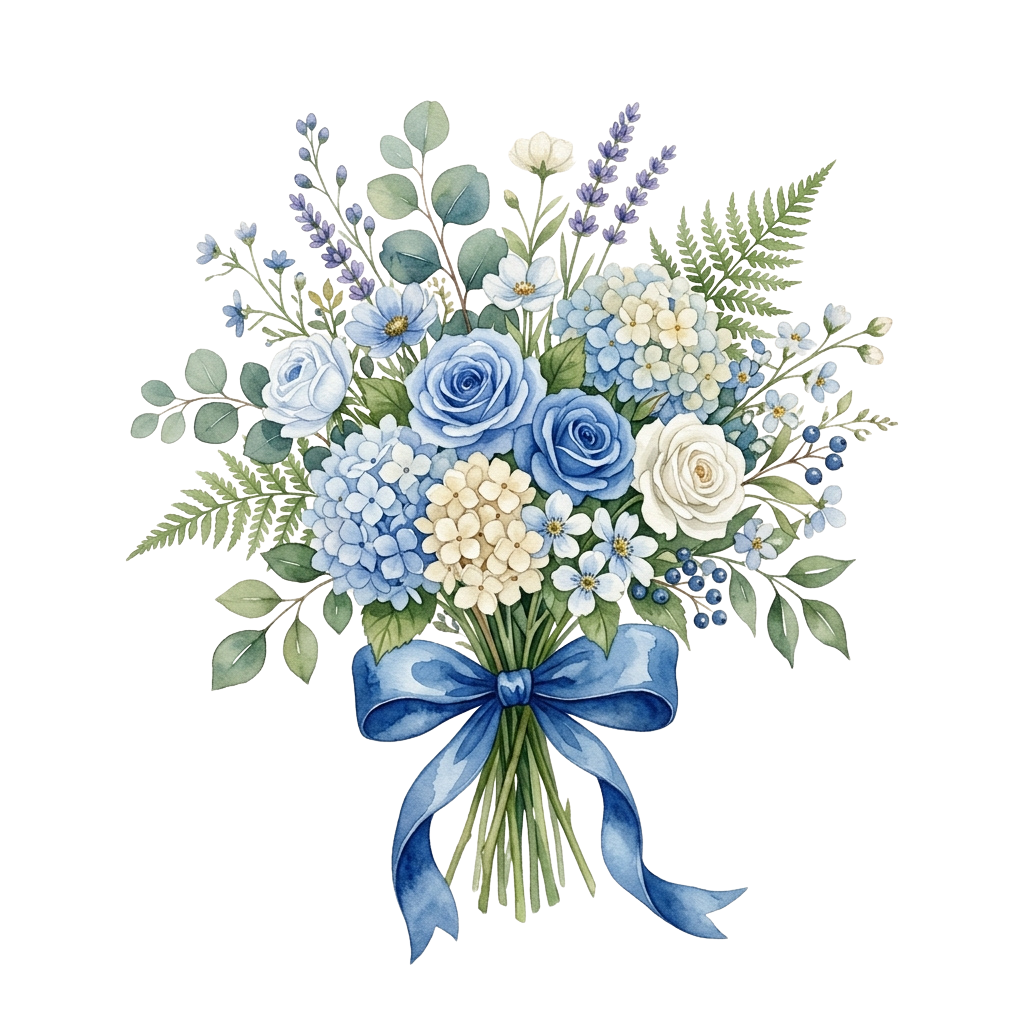 A beautifully arranged bouquet of blue and white flowers tied with a blue ribbon