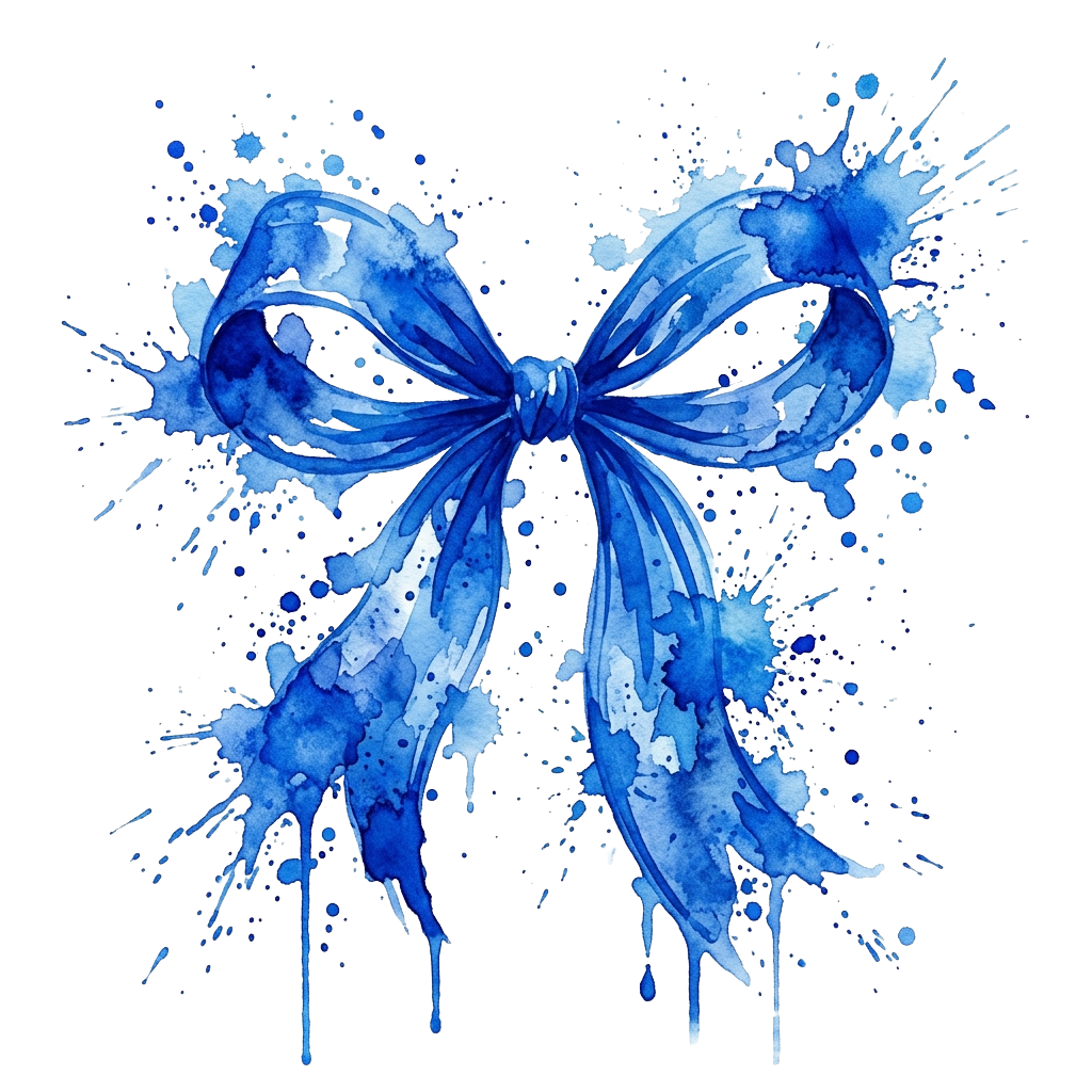 Abstract blue watercolor bow with splatter effects on black background