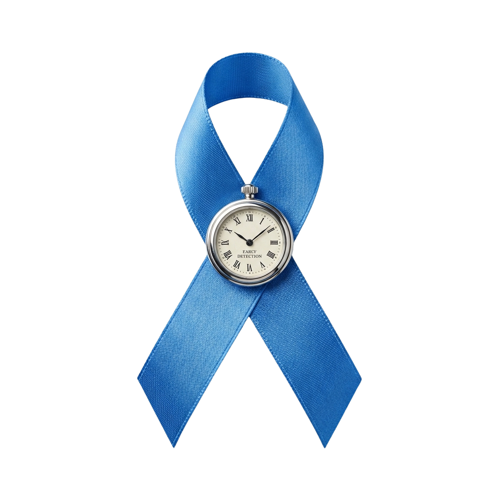 A silver watch with a blue awareness ribbon tied around it against a black background