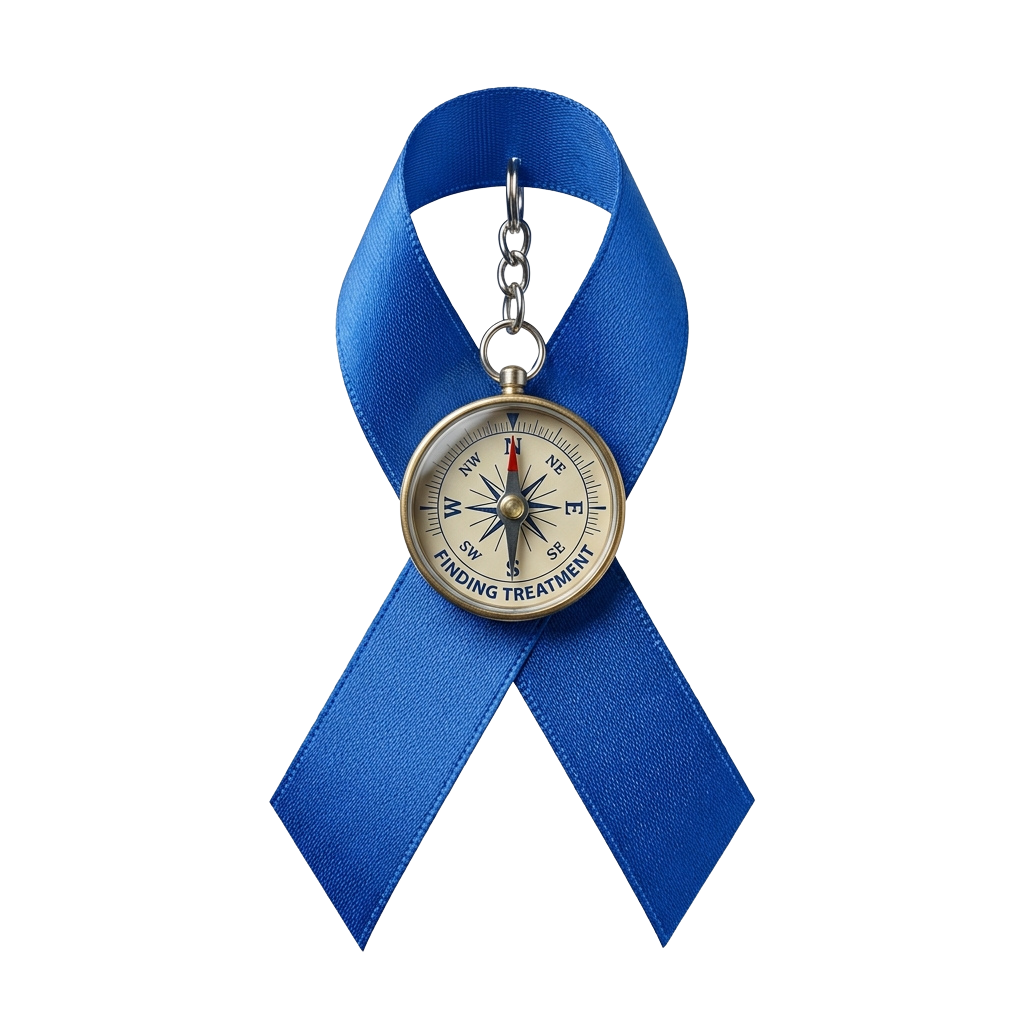 Blue ribbon with a compass charm that reads Finding Treatment
