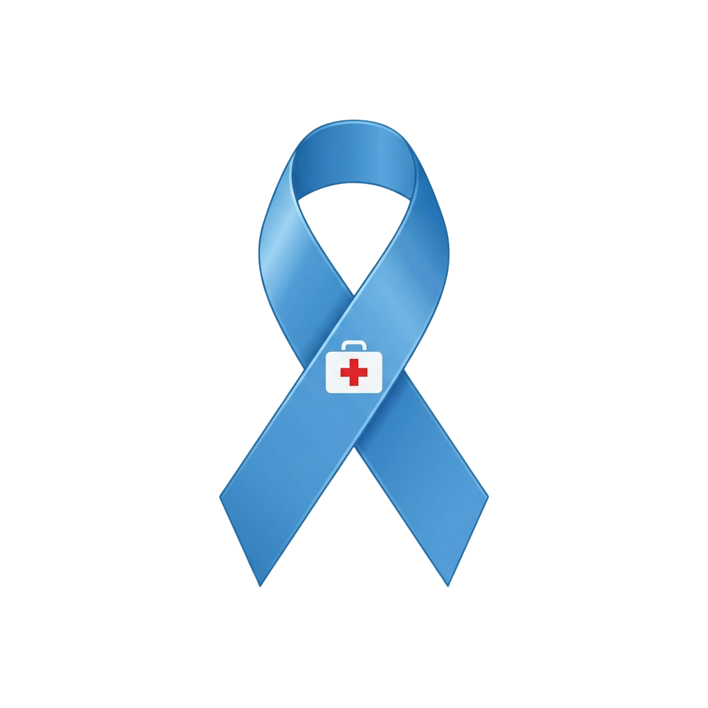 A blue awareness ribbon featuring a white first aid symbol with a red cross