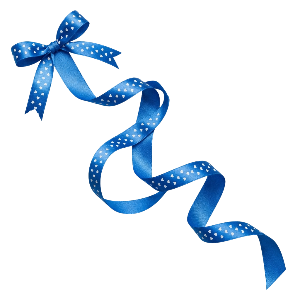 A blue satin ribbon with white polka dots tied into a decorative bow on a black background