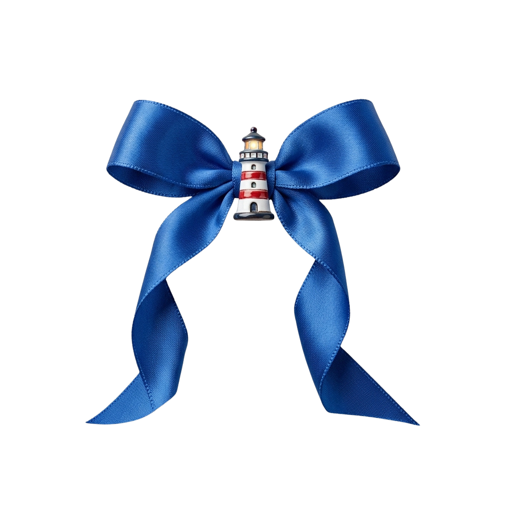 A blue satin ribbon tied in a bow with a small lighthouse charm at the center.