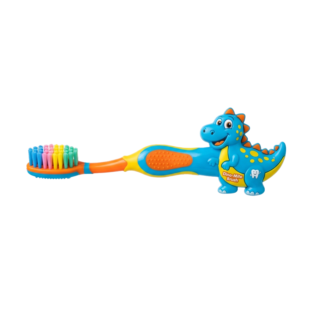 A child's toothbrush shaped like a blue dinosaur with colorful bristles