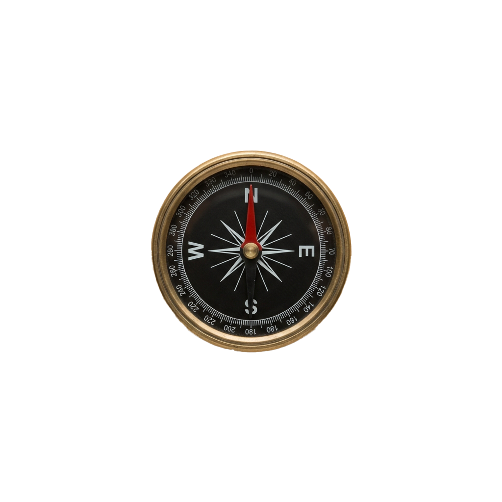 A close-up of a brass-colored compass with a black dial and red directional needle pointing north