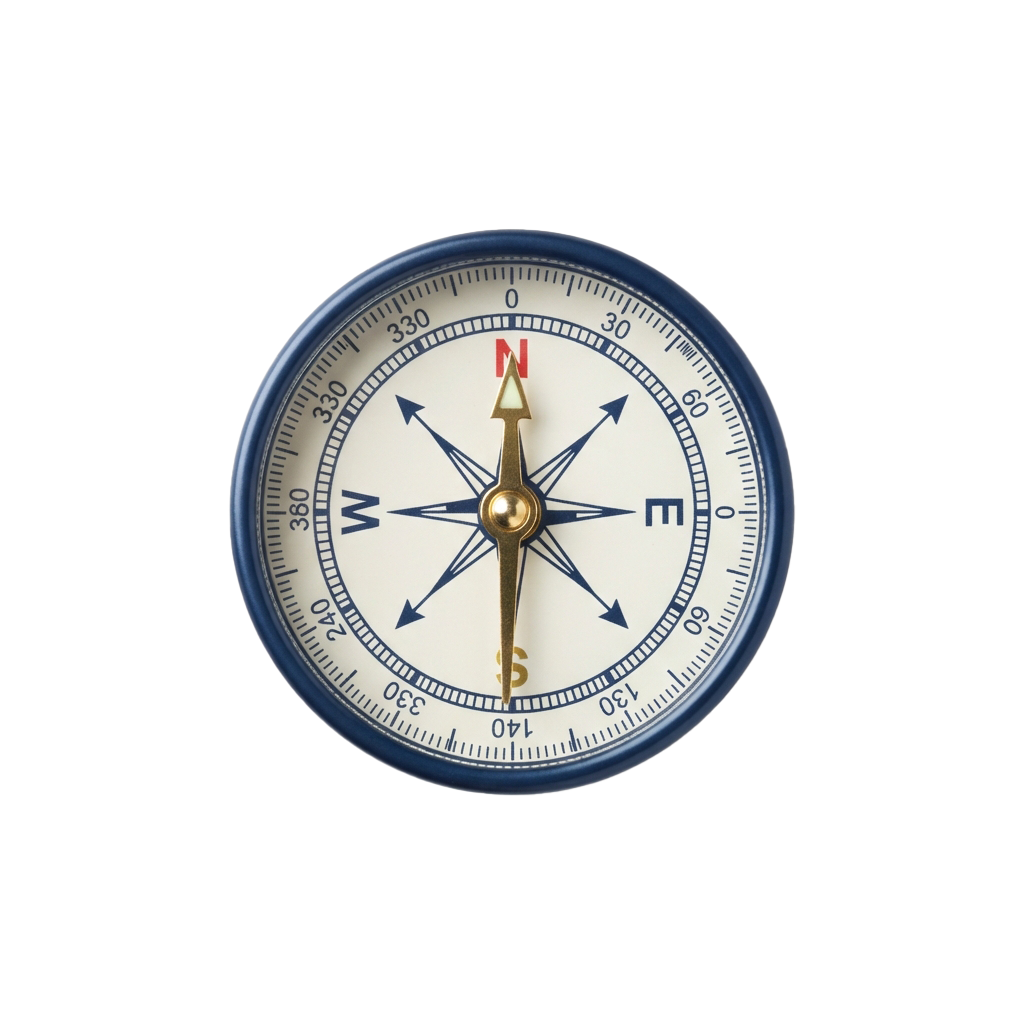 A compass with a gold needle pointing north, surrounded by degree markings and cardinal directions