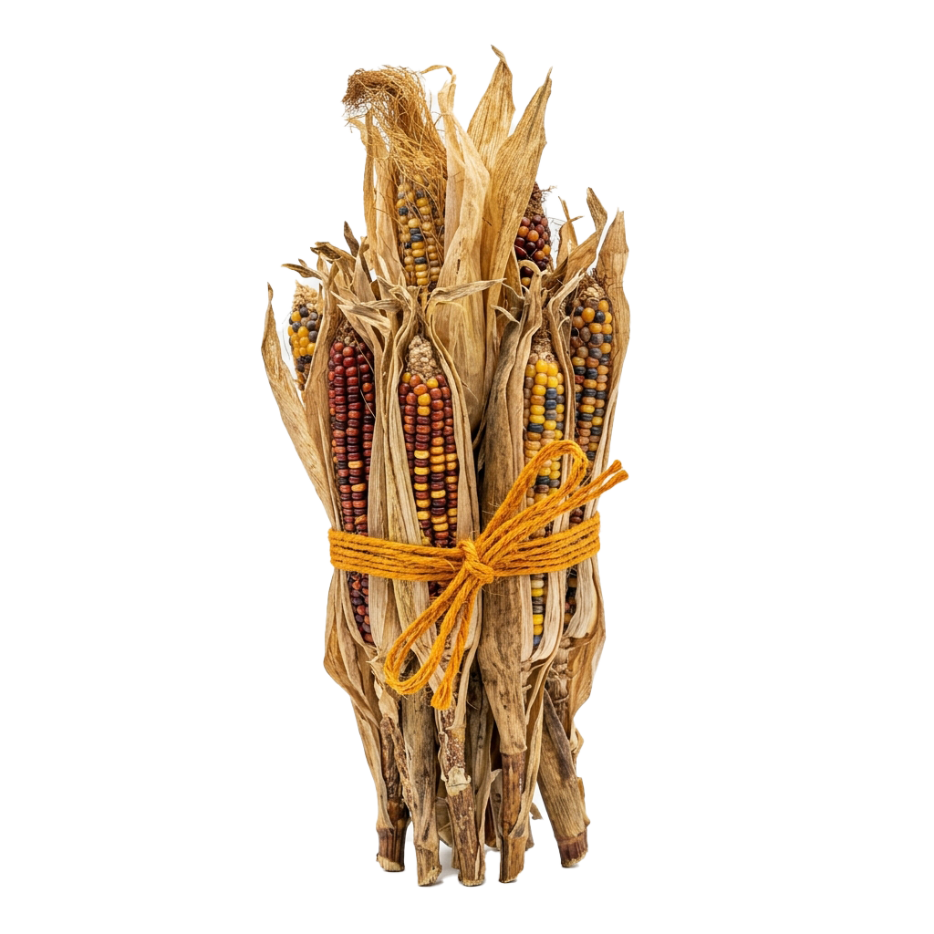 Bundle of dried multicolored corn cobs tied together with twine against a dark background