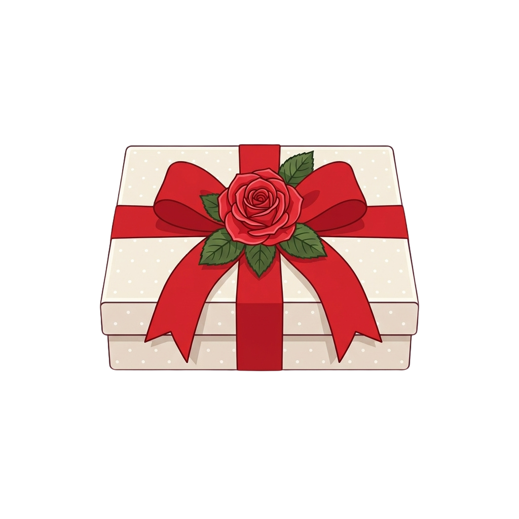 A gift box wrapped with a red ribbon bow and a red rose on top