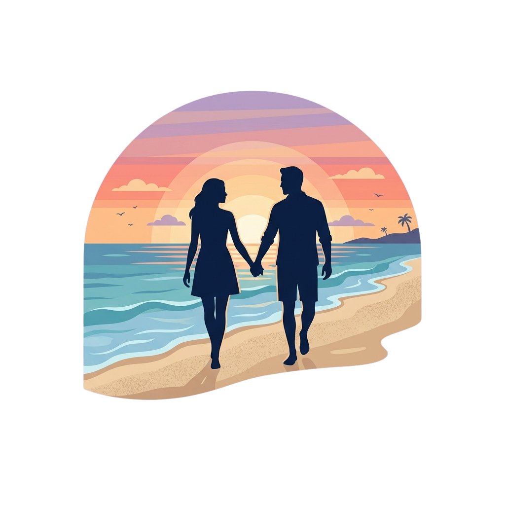 Silhouettes of a couple holding hands walking on a beach during sunset