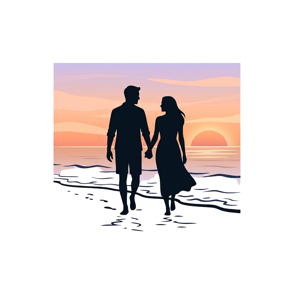 Silhouettes of a couple holding hands walking on a beach at sunset