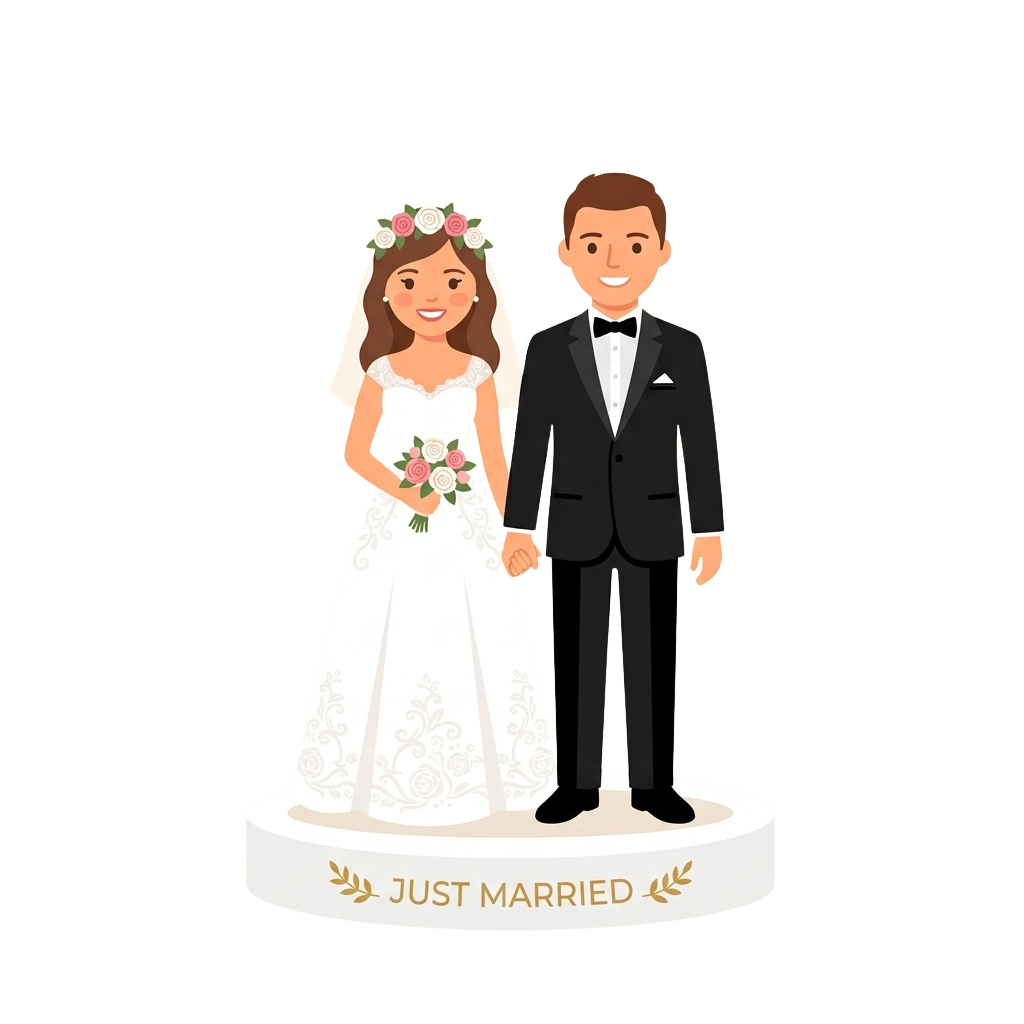 Illustration of a bride and groom cake topper holding hands, bride in wedding dress with flower bouquet, groom in suit