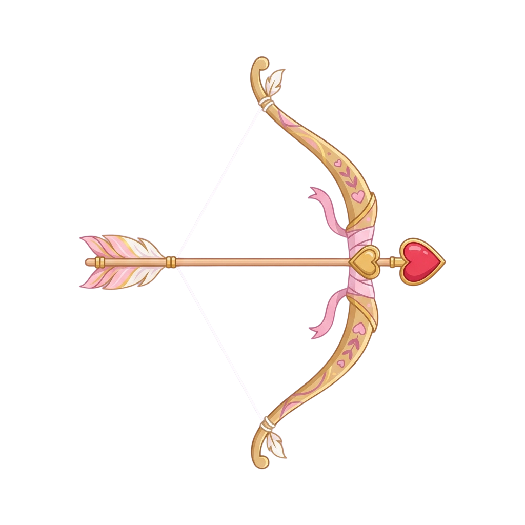 A stylized bow and arrow with pink and gold accents and a red heart-shaped arrowhead