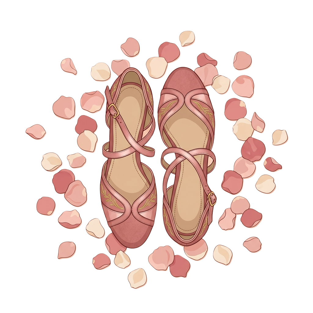 A pair of pink ballet slippers surrounded by scattered rose petals on a black background
