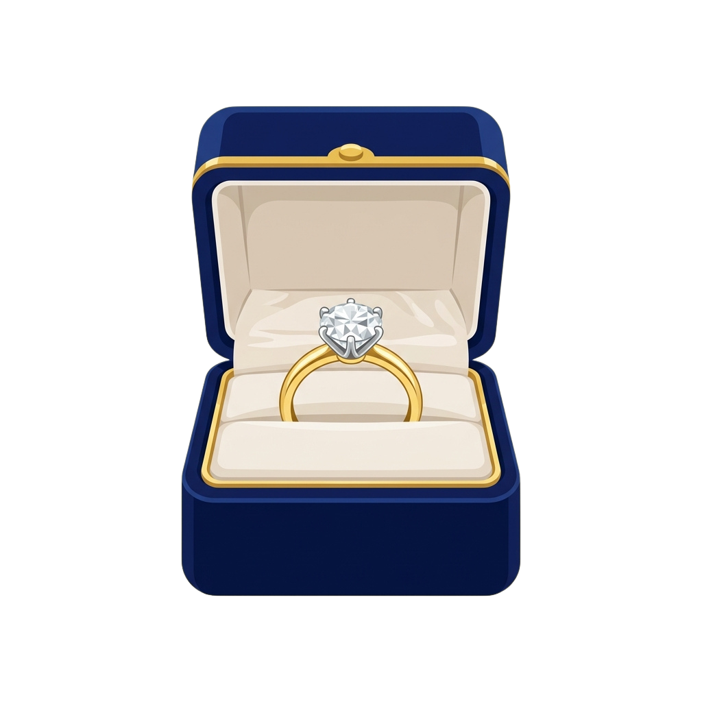 A gold engagement ring with a large diamond set in a blue velvet-lined jewelry box
