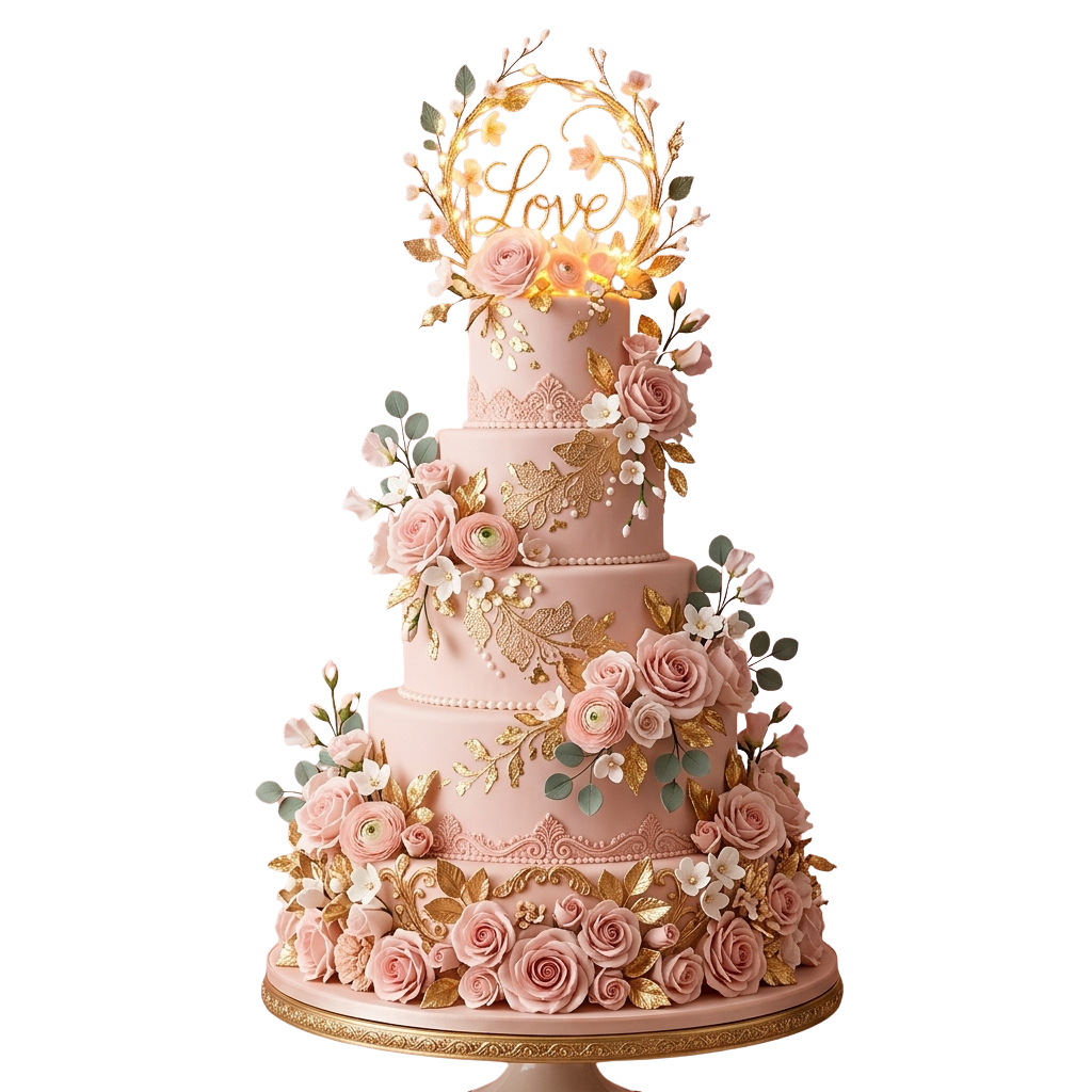 A multi-tiered pink wedding cake adorned with roses and gold floral designs, topped with a decorative love wreath.